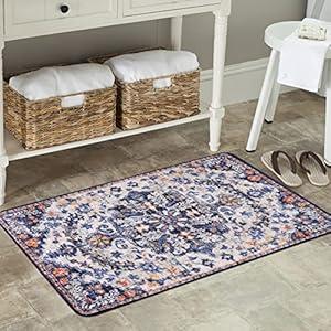 Lahome Reine Bohemian Floral Medallion Area Rug - 2x3 Blue Small Kitchen Rug Machine Washable Front Door Rug, Soft Non Slip Indoor Floor Throw Carept for Bedroom Bathroom Mud Room Entry Way