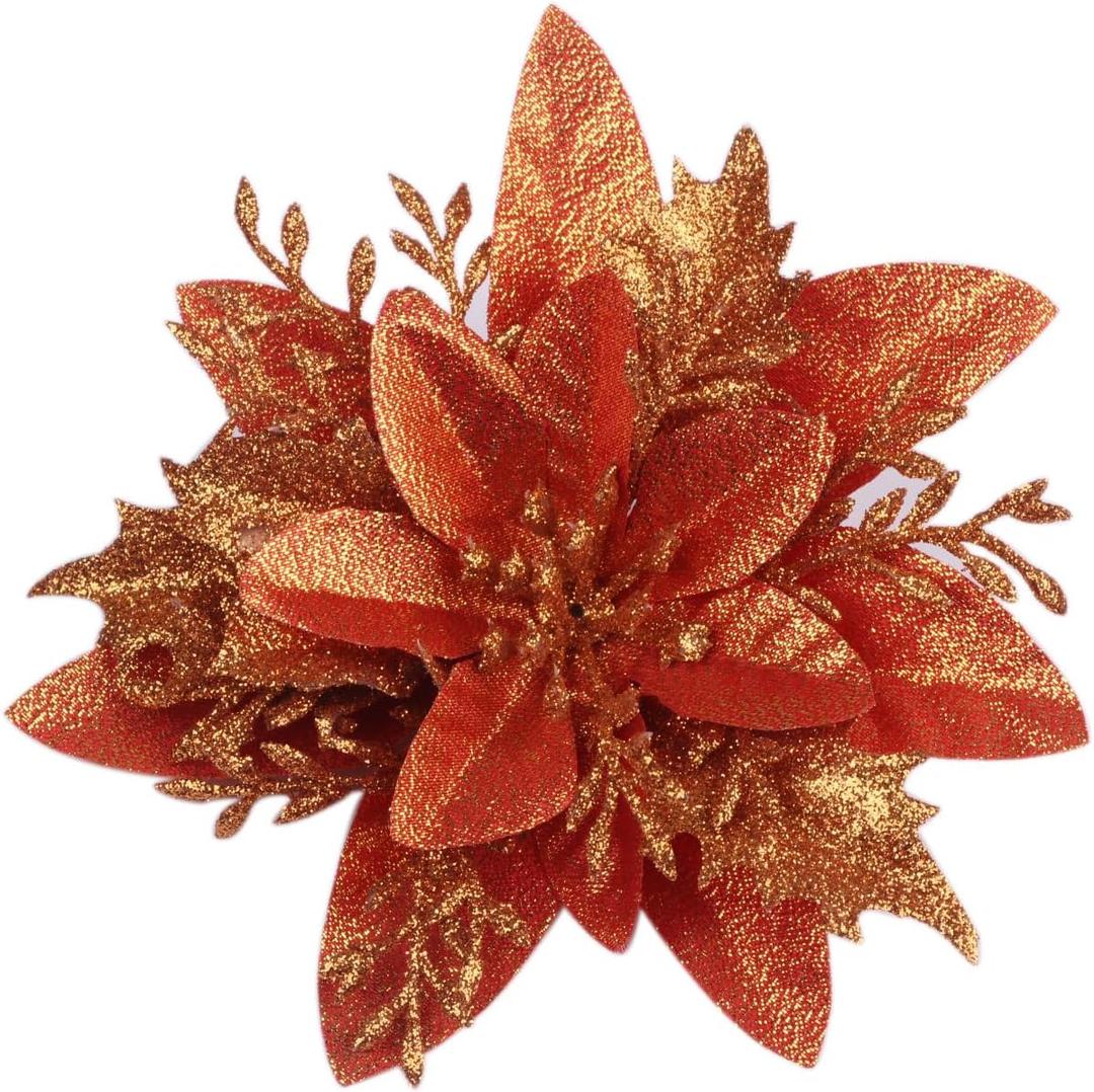 YYCRAFT 12pcs Glitter Poinsettia Flowers 6 Inch for Christmas Tree Ornaments Christmas Decorations,Orange