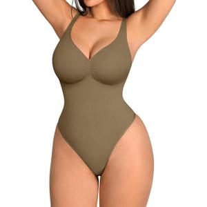 FeelinGirl Shapewear Bodysuits for Women Tummy Control Thong Seamless V Neck Compression Body Suits Corset Top, XXL