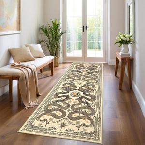 Snake Washable Runner Rug 2.5x8 Kitchen Rugs Non Slip for Hallway Forest Soft Low-Pile Stain Resistant Thin Carpet for Entryway Bedroom Laundry Room Beige