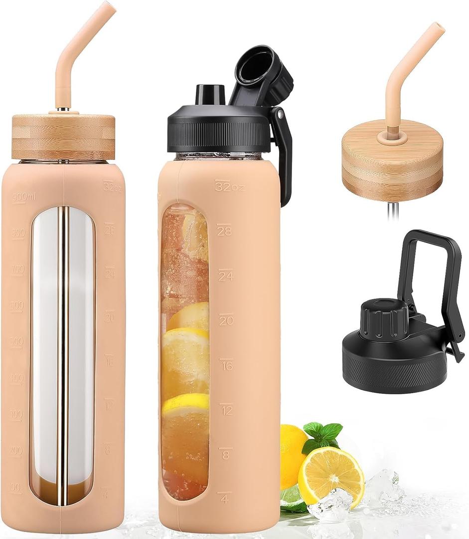 32oz Glass Water Bottle with Straw and 2 Lids- Bamboo and Spout Lid,Motivational Sports Water Bottle with Silicone Sleeve and Time Marker,Reusable for Gym, Outdoors, Amber