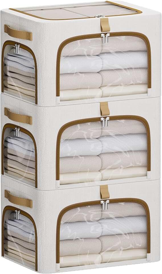 CYhom Clothes Storage Bins with Metal Frame,3 See-Through Windows Openings Clothing Storage Bin,3 Pack Foldable Storage Bins Boxes for Closet (White, 34L-16.5 x 12.6 x 9.8IN)