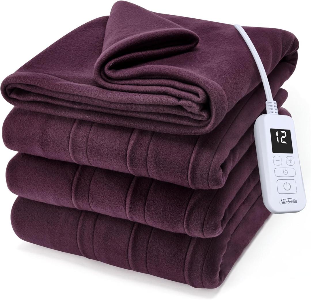 Sunbeam Royal Ultra Fleece Heated Electric Blanket Twin Size, 84" x 62", 12 Heat Settings, 12-Hour Selectable Auto Shut-Off, Fast Heating, Machine Washable, Warm and Cozy, Claret