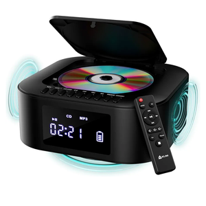 KLIM Boombox E1 – Portable CD Player with Subwoofer – Extra Bass, Bluetooth, FM Radio, USB, AUX, MP3 – Rechargeable Battery, Wired & Wireless Modes, Remote Control – Black