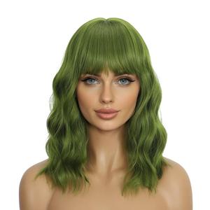 Green Wigs with Bangs for Women 14 Inch Short Wavy Bob Wigs With Bangs Synthetic Bob Wig Curly Wig Heat Resistant Colorful Wavy Wig Cosplay Wigs For Daily Party Halloween