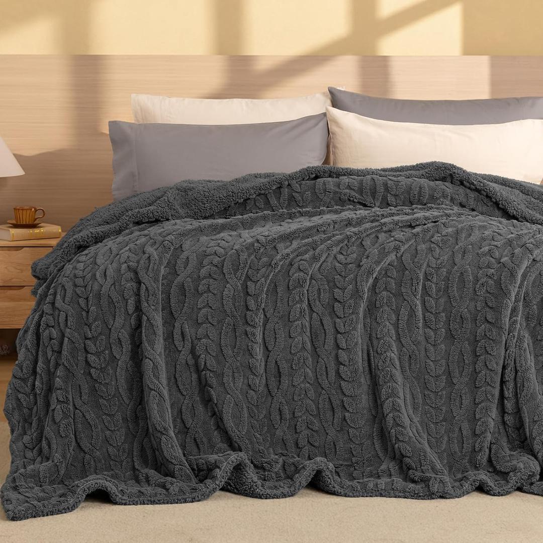 PHF Fluffy Sherpa Blanket Twin Size for Winter, Warm and Soft, 510GSM 3D Jacquard Thick Shaggy Fleece Plush Blanket for Sofa Bed, Dark Grey, 60"x80"