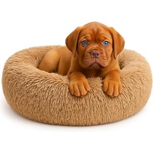 Calming Dog Bed - Fluffy Donut Cuddler for Anxiety Relief, Orthopedic Pet Bed with Non-Slip Bottom, Cozy Round Faux Fur Nest for Dogs and Cats, Plush Crate Mat for Comfort (Camel, Small)