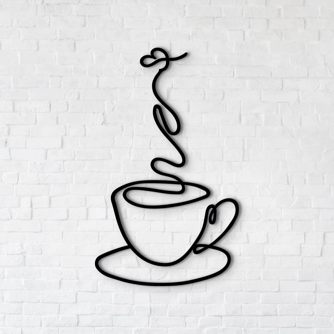 Metal Coffee Cup Wall Art - Minimalist Line Art Coffee Bar Sign & Hot Coffees Decor for Kitchen & Dining Room