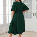 SCOMCHIC Women Plus Size Midi Dresses Wedding Guest Short Sleeve V Neck Tie Waist Casual Summer Flowy A Line Dress (Green, XXL)