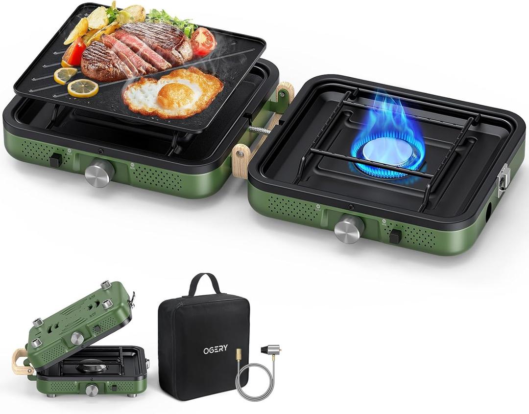 OGERY 2-Burner Foldable Camping Stove with Griddle (Textured & Smooth) and Carrying Bag, Portable Propane Camp Stove with 2 Adjustable Burners & Piezo Ignition, for Camping Tailgating Essentials Gear (Green)
