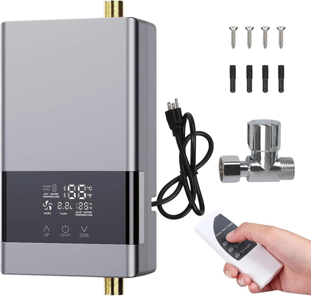 Tankless Water Heater Electric,110v 3000w Instant Hot Water Heater with Remote Control, Water Temperature Regulating and Adjustable Temperature LCD Touch Screen for Kitchen and Bathroom,Silver