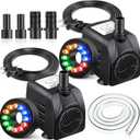 2 Pack 15 W 220GPH Submersible Fountain Pump with 12 Color LED Lights, Small Fountain Pump with 4 Spray Nozzles, Ultra Quiet Design for Outdoor Pond, Aquarium, Fish Tank