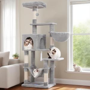 Hey-brother Cat Tree with Large Hammock, Multi-Level Cat Tower for Indoor Cats, Cat Condo with Sisal-Covered Scratching Posts and Top Perch, Light Gray MPJ050W
