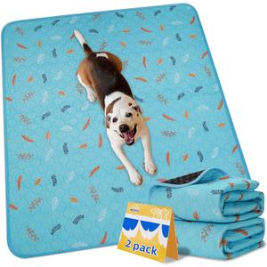 Sunheir Washable Pee Pads for Dogs 2-Pack Reusable Puppy Pads Pet Training Pads, Waterproof Dog Pee Pads for Crate, Whelping Pad, Non-Slip Protects Against Urine Leakage (Leaves - Sky Blue, 24x36)