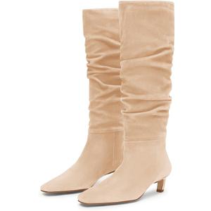 Coutgo Womens Slouchy Knee High Boots Low Kitten Heel Square Toe Tall Boots Fall Winter Shoes
