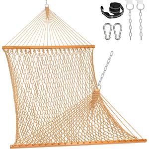 Lazy Daze Hammocks Double Rope Hammock, 2 Person Traditional Outdoor Hand Woven Cotton Rope Hammock with Spreader Bar, Carabiners, Tree Straps, Chains for Patio Yard - Max 450 Lbs, Tan