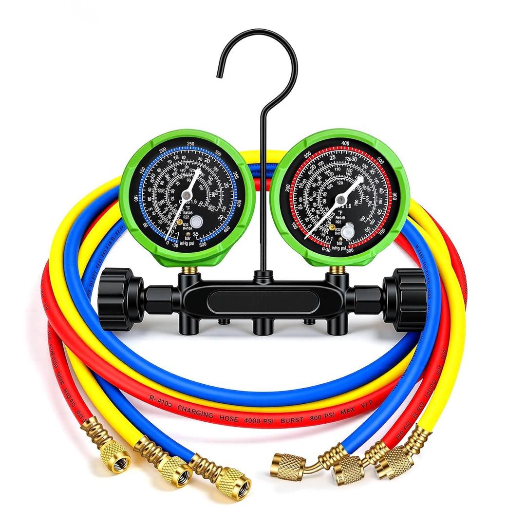 HVAC Manifold Gauge Set with 5FT Hoses, (PSI F) A2L Compatible, Fits R32 R454B R410A R22 Refrigerant, Precision Pressure & Temperature Dial, Forged Brass Body with Needle Valve