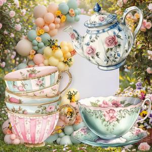 Amyhill 3 Pcs Large Tea Party Decorations Wonderland Garden Yard Sign 22.8'' Teapot Teacup Tea Bowl Cardboard Cutout Stand Vintage Garden Props for Floral Birthday Wedding Bridal Shower Decor