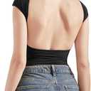 SUUKSESS Women Backless Sexy Going Out Tops Double Lined Open Back Y2k Basic Tee Shirts (Medium, Jet Black)