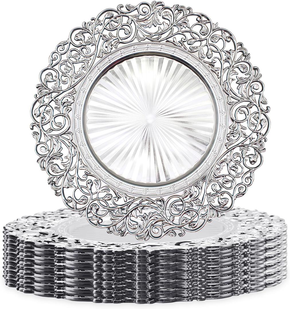 13 Inch Silver Plastic Charger Plates Set 12 Pack, Elegant Round Disc Chargers for Table Setting, Decorative Placemats for Regular Dinner Plates, Holidays, Events, and Entertaining (Design B)