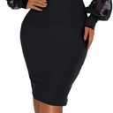 acelyn Women's Sexy Mesh Long Puff Lantern Sleeve Bodycon Dress Square Neck Ribbed Club Party Cocktail Midi Dresses Black, XL