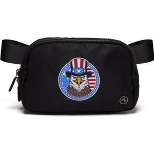 Pander 1L Printed Belt Bag for Women, Nylon Crossbody with Adjustable Strap, 2-Way Zipper, 3 Inner Mesh Pockets, Red Blue White Graphic Style, Black Eagle, Small