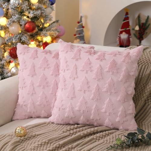 DFXSZ Christmas Tree Pillow Covers 18x18 inch Set of 4 Christmas Decoration Pink Soft Plush Faux Fur Jacquard Throw Pillows for Bedroom Sofa Holiday Festivals Winter Home Decor PTK006D18