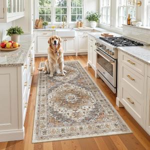 Madane Hallway Runner Rug 3x6 - Washable Kitchen Rugs Entryway Rug Runner Vintage Soft Floor Mat Non Slip Indoor Farmhouse Carpet for Bathroom Living Room Bedroom (3 X 6, Turmeric/Grey)