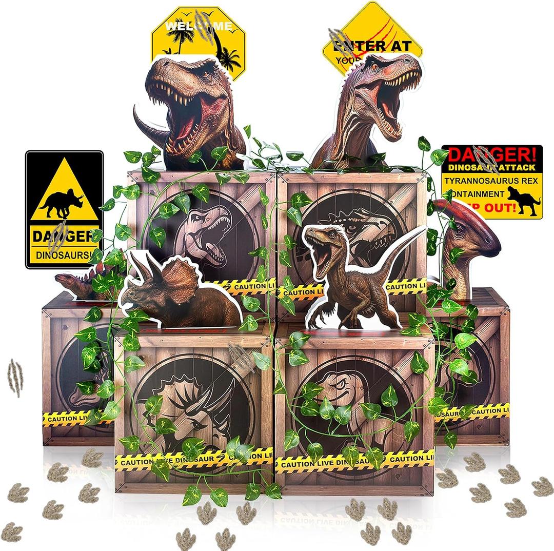 Dinosaur Party Decorations Set – 6 Dino Boxes with 3D Toppers, 4 Signs, 2 Vines, Caution Tape & 40 Footprint Stickers – Dino Birthday Supplies, Baby Shower & Jurassic Room Decor