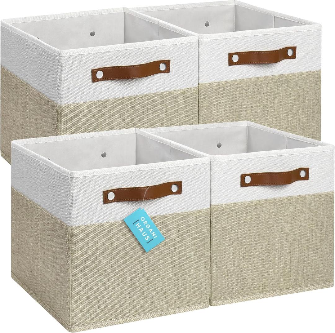 OrganiHaus 11x11 Fabric Cubes Storage Bins Set of 4, Foldable Collapsible Fabric Storage Bins for Organizer, Cubbies Organizer for Kallax, Linen Cube Shelf Baskets, Toy Organizing boxes - Beige/White ((11x11) Leather Handles)