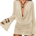 SOLY HUX Women's Summer Sheer Mesh Beach Mini Dress Draped Deep V Neck Bell Sleeve Swimsuit Cover Up Beachwear (Beige, M)