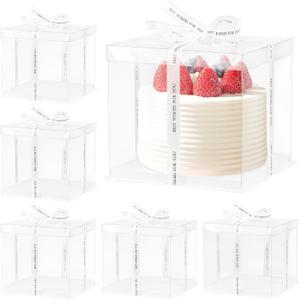 6 Pcs Clear Cake Box with Ribbon, 10x10x9 Inch Clear Cake Boxes for 8 Inch 2 Tier Cakes Carrier Tall Transparent Cakes Packaging Box Transparent Gift Boxes for Valentine's Day, Wedding Birthday Party