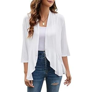 Yekaty Women Cardigan 3/4 Sleeves Open Front Lightweight Cardigan Draped Ruffles Knit Cardigan Size L