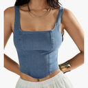 Women's Square Neck Sleeveless Corset Denim Top Zip Back Asymmetrical Hem Tank Top L