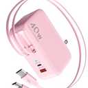 Retractable USB C Charger Wall Plug with 35.5in/90cm Type C Cables Cords,40W Fast Charging Foldable Block Multi Charger for All Devices for iPhone 17/16/15/14/13/12,iPad,Galaxy,Pixel