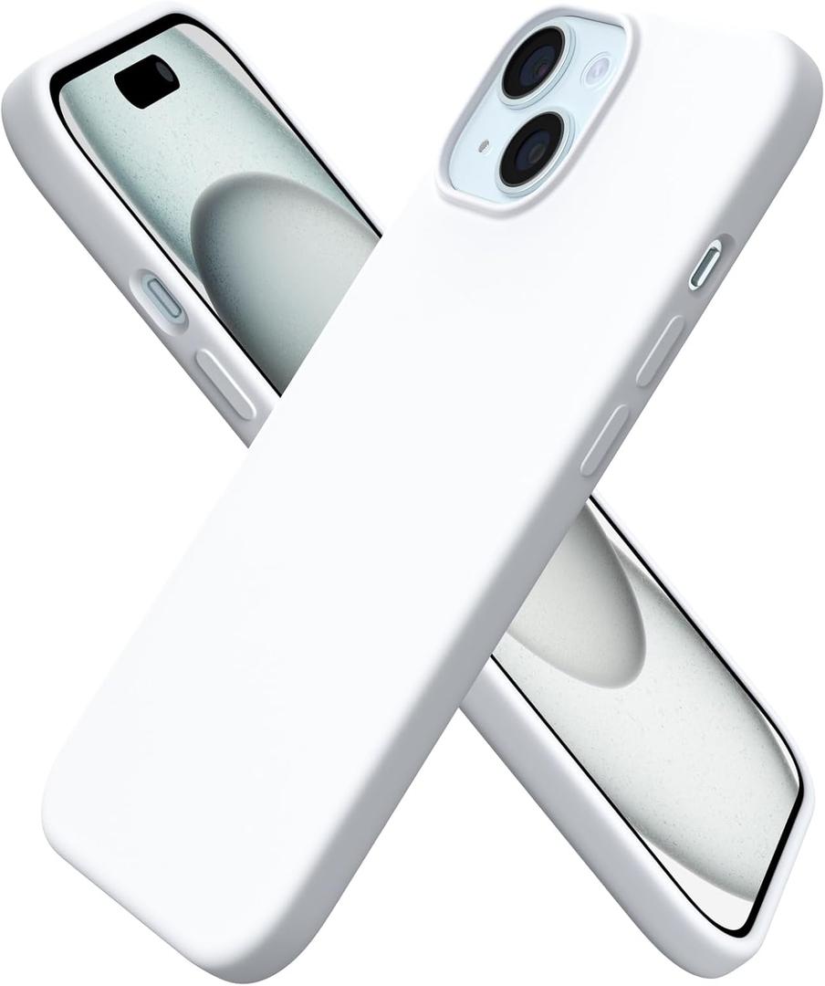 ORNARTO Compatible with iPhone 15 Case 6.1, Slim Liquid Silicone 3 Layers Full Covered Soft Gel Rubber Phone Case, Anti-Scratch Shockproof Protective Cover 6.1 Inch, White