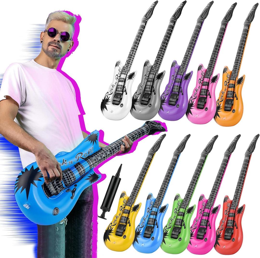 36 Inch Inflatable Guitar, Thickened Rock Star Blow Up Guitar Set, 10 Colors Party Props for 80 90s Rock 'N Roll Party Favor, Adult's Birthday Wedding Decorations and Karaoke Carnival Accessories
