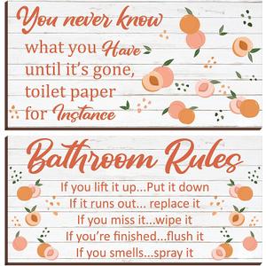 Yookeer 2 Pieces Wooden Peach Bathroom Decor Bathroom Rule Wall Plaque Decor Wooden Hanging Sign Funny Cute Farmhouse Peach Accessories Wood Plank for Home Rustic Decoration,12 x 6 Inch