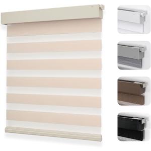 Joydeco No Drill Zebra Blinds for Windows, Cordless Dual-Layer Privacy Zebra Shades for Indoor Windows, Easy to Install, Light Filtering Sheer Blinds for Home (Beige,28" W x 75" H)