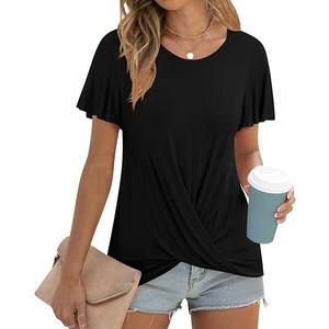 Women's Summer 2025 Casual Tunic Wavy Short Sleeve Blouse Front Twist Tops Tee For Leggings (Small)