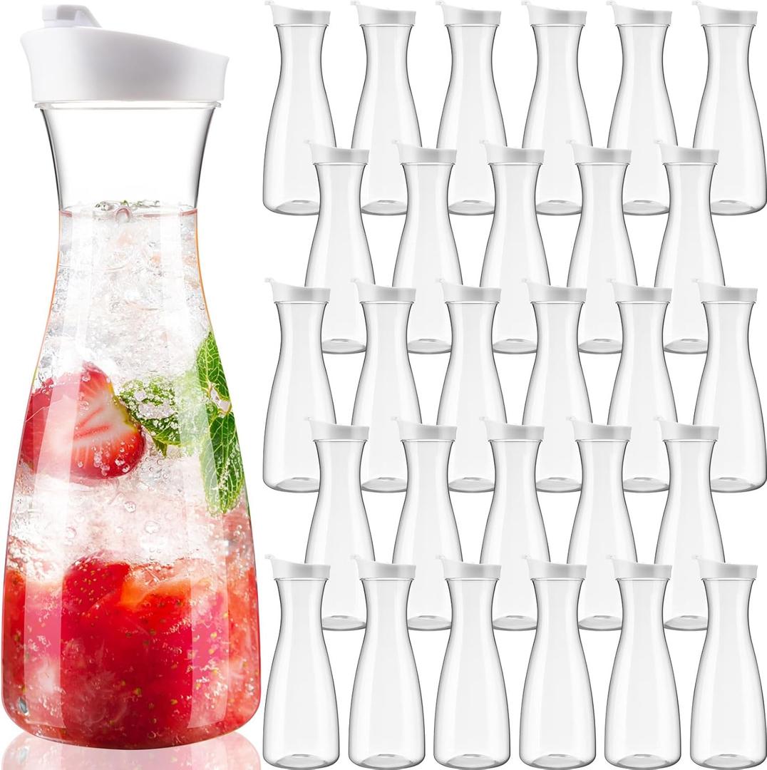 30 Packs Plastic Carafe with Lids, 34 oz Clear Mimosa Juice Containers, Acrylic Beverage Carafe Pitcher Drink Containers for Fridge Outdoor Iced Tea Juice Party Mimosa Bar(Trendy)