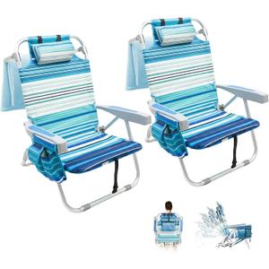 2 Pack Backpack Beach Chair for Adults Green Stripe