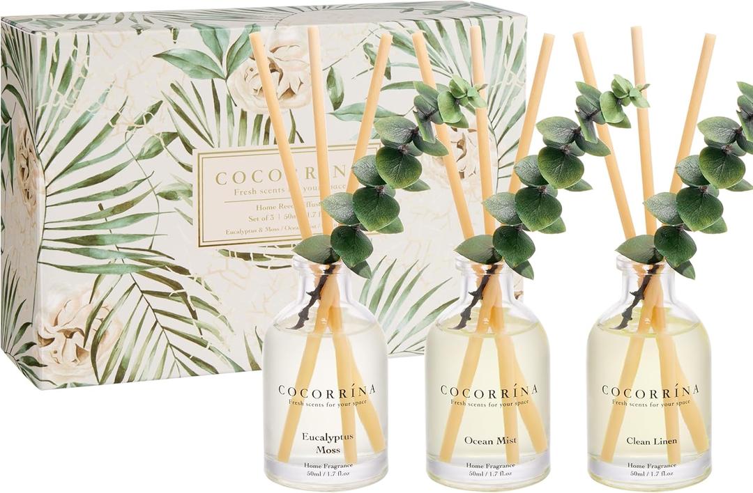 COCORRNA Eucalyptus Reed Diffuser Set of 3 - Eucalyptus & Moss, Clean Linen, Ocean Mist Scents, 1.7 fl oz Each, Total 5.1 oz, Scented Oil Diffusers for Home & Office