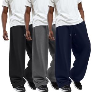3 Pack Men's Big and Tall Sweatpants Wide Leg Open Bottom Baggy Joggers Casual Drawstring Pants with Pockets (XXXL)