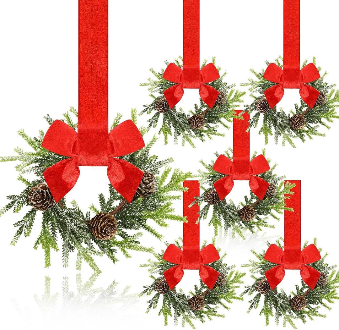 Dingion 6 Pcs 6 Inch Christmas Mini Cabinet Wreaths for Kitchen with Ribbon Bows Norfolk Pine Small Window Wreaths Garland for Door Window Farmhouse Christmas Party Decorations
