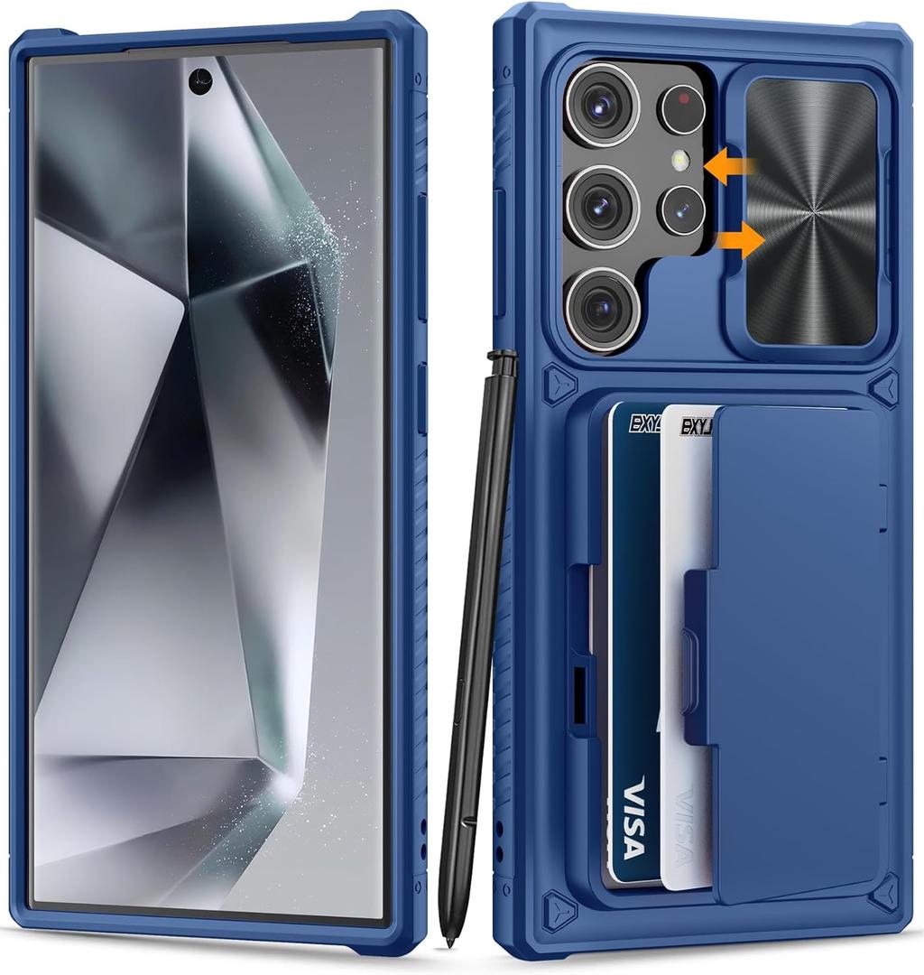 BXYJY for Samsung Galaxy S24 Ultra Wallet Case, Built-in Card Holder (Store 4-5 Cards) & Kickstand & Slide Camera Cover, Military Grade Protection, Rugged Silicone Case for Galaxy S24 Ultra 2024, Blue
