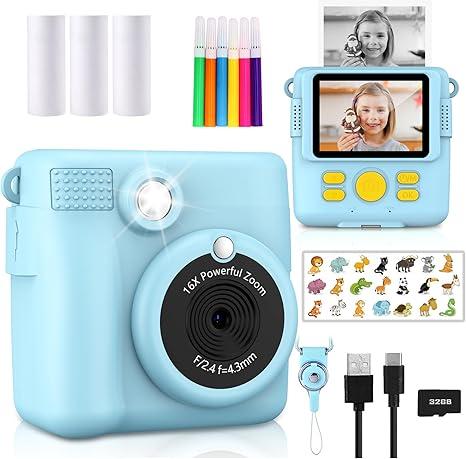 Kids Instant Print Camera, Christmas Birthday Gifts for Girls and Boys, 1080P HD Video Digital Kids Camera with Print Paper & 32G Card, Toddler Toy for 3-14 Years Old (Blue)