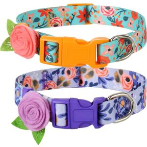 2 Pack Spring Dog Collar for Small Dogs, Quick Release Floral Dog Collar Girl with Flower Bow