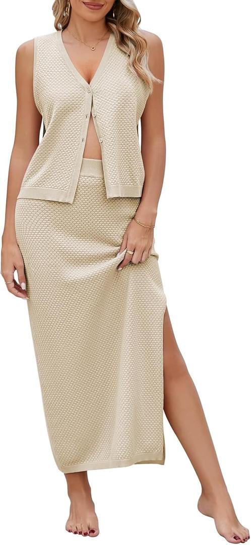 Pink Queen Women's Summer 2 Piece Outfit Set V Neck Button Crop Tank Top Vest Bodycon Maxi Long Skirt Waffle Knit Dress (Apricot, Size M)