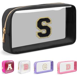 Small Clear Personalized Initial Makeup Bag,Nylon Preppy A-Z Chenille Letter Patch Cosmetic Pouch Beach Toiletry Bag,Waterproof Zipper Travel Purse Storage Bag Organizer for Women Girls (Black, S)